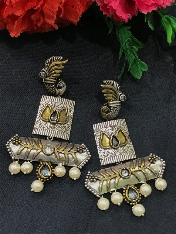 Handcrafted Earrings for Women-Beautiful Dual Tone Tribal Oxidized Earrings With Pearl Beads