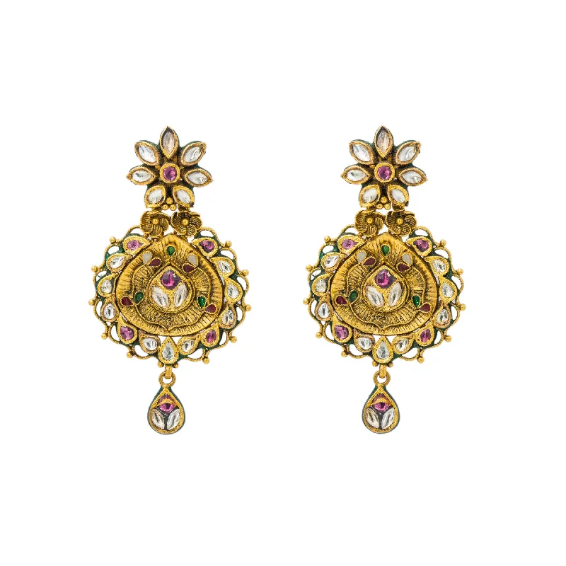 Premium Silver Earrings-22K Yellow Gold Drop Earrings W/ Kundan & Vintage Design