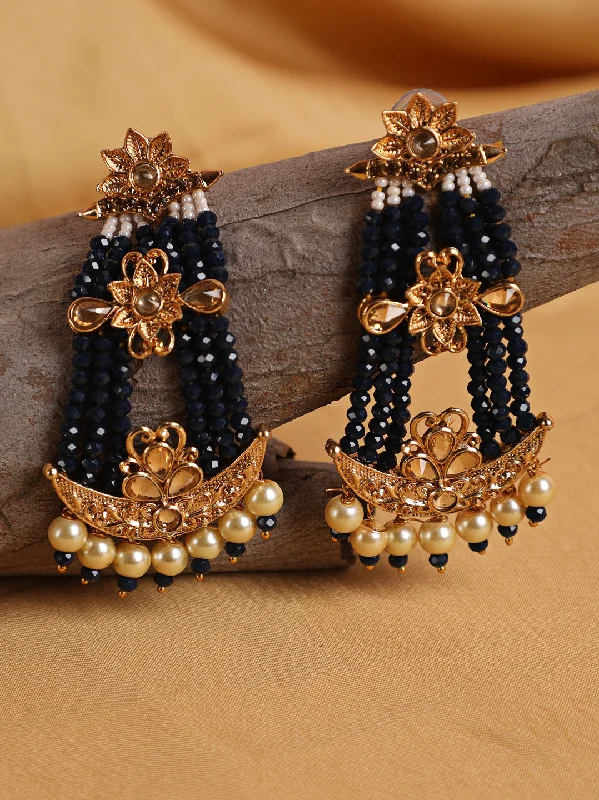 Designer Silver Earrings-Black & Gold-Plated Handcrafted Kundan Pearl Studded Multistrand Earrings