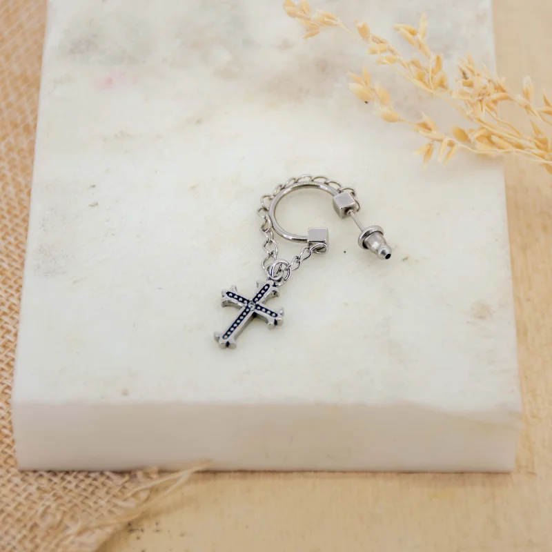 Bold Gemstone Earrings-Crucifix Chain Men Earring