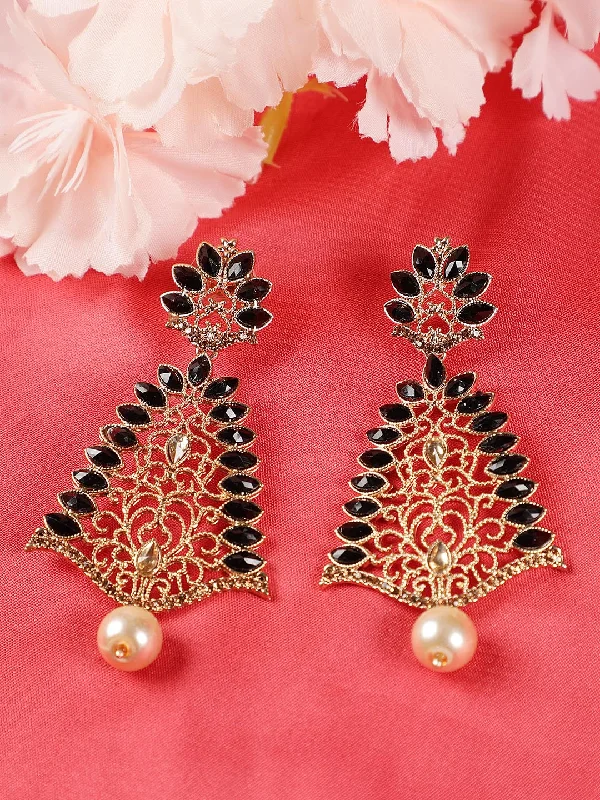 Silver Pearl Earrings-Gold Toned & Black Kundan Studded Contemporary Drop Earrings