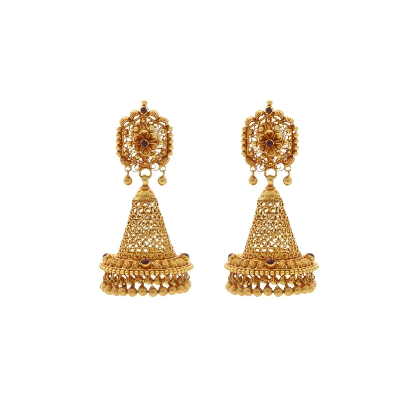 Luxury Gold Earrings-22K Yellow Gold Antique Earrings W/Ruby, 20.9 grams