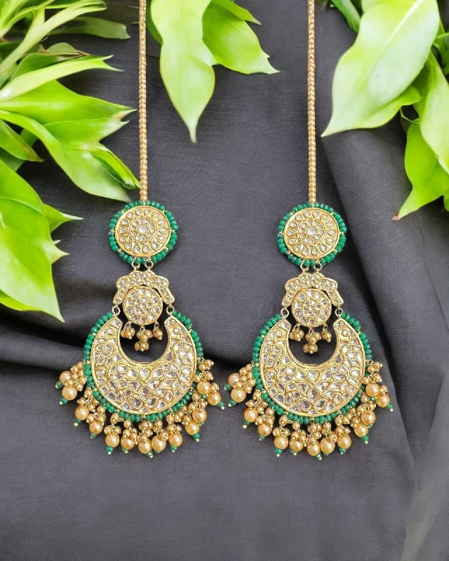 Vintage Drop Earrings-DER732  kundan dangler earrings with green beads( READY TO SHIP )