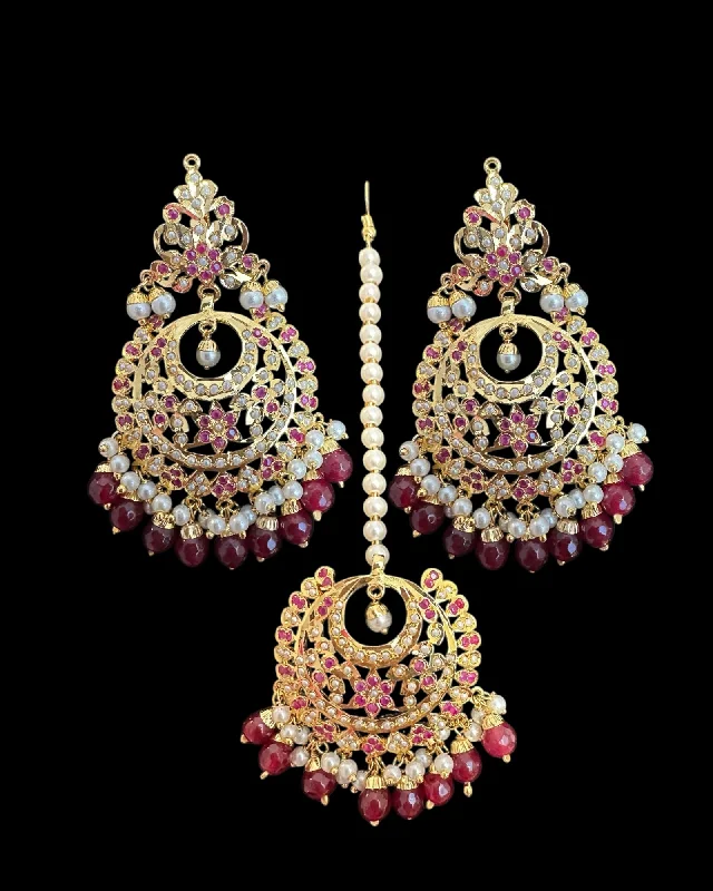 Simple Stud Earrings for Girls-Dafiya ruby pearl Chandbali Earrings & Tika Set | Ready to Ship | Deccan Jewelry