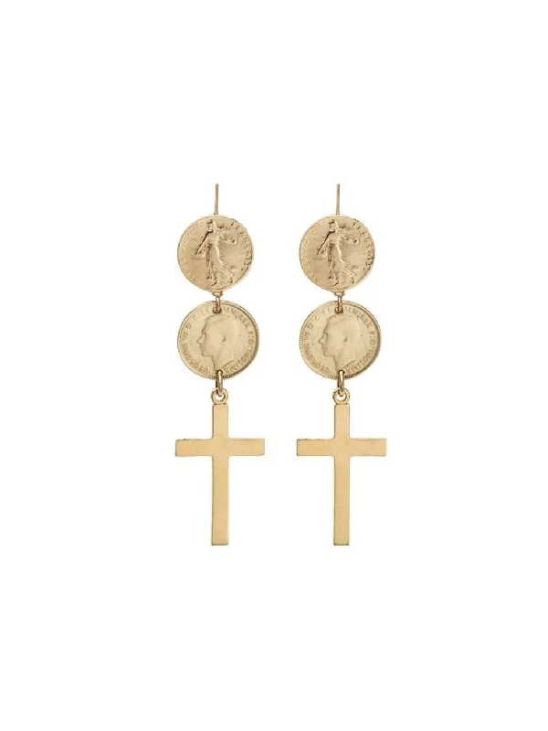 Colorful Crystal Earrings-Gold Double Coin Cross Earrings