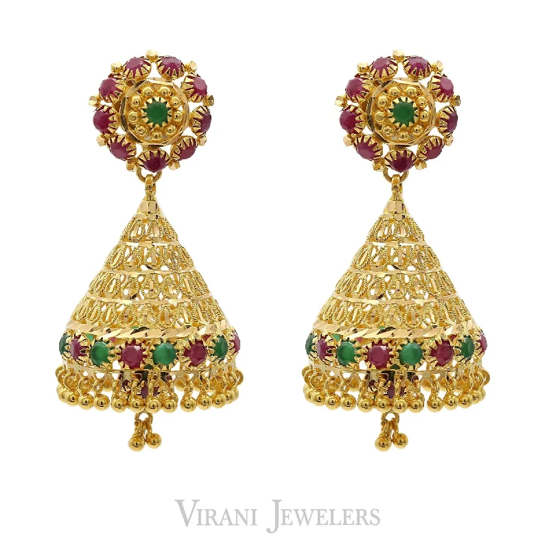 Wedding Dangle Earrings-22K Yellow Gold Flower Jhumkis Drop Earrings W/ Rubies & Emeralds