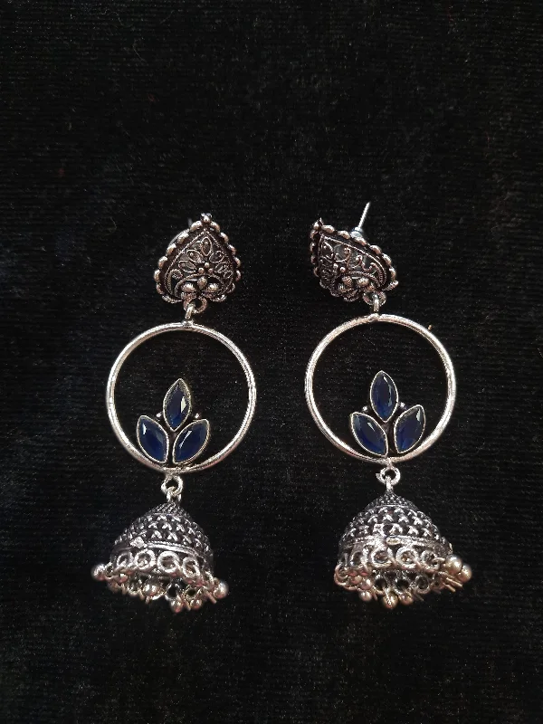 Large Hoop Drop Earrings-Alluring Navy Blue Color Floral Design Silver Oxidized Jhumka For Women