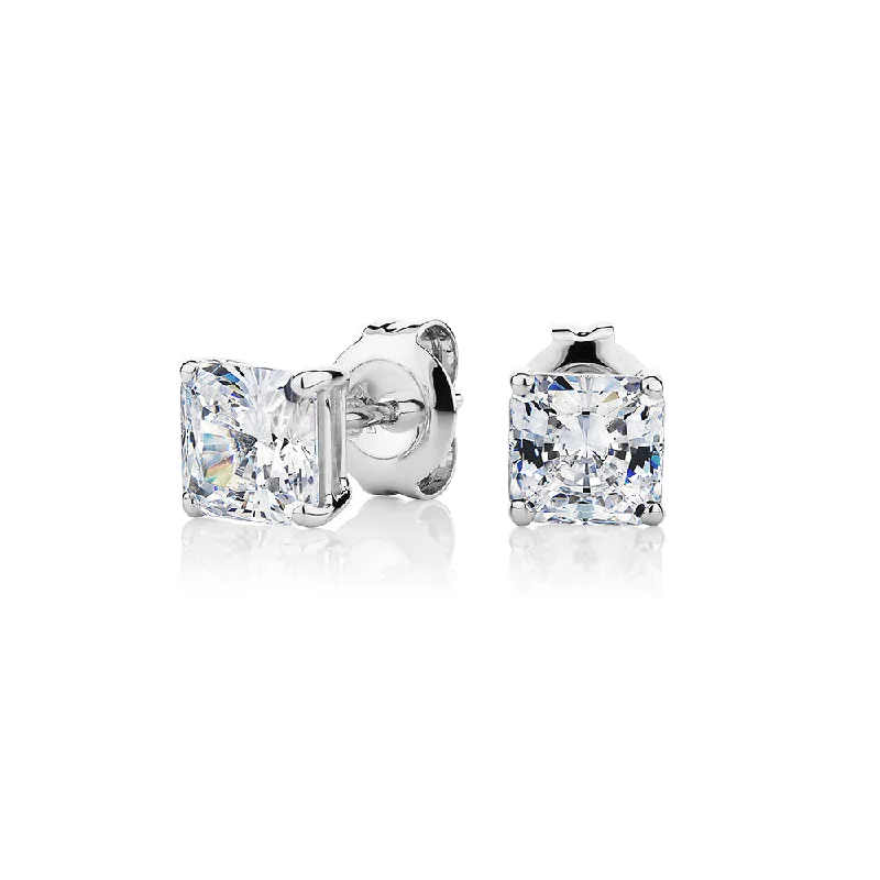 Cute Crystal Earrings-Princess Cut stud earrings with 1.5 carats* of diamond simulants in 10 carat white gold