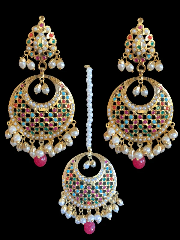 Pink Gold Earrings-sitara navratan jadau earrings tika  set ( READY TO SHIP)