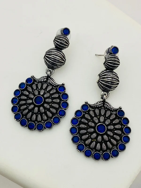 Art Deco Earrings-Attractive Blue Stone German Silver Plated Designer Oxidized Earrings