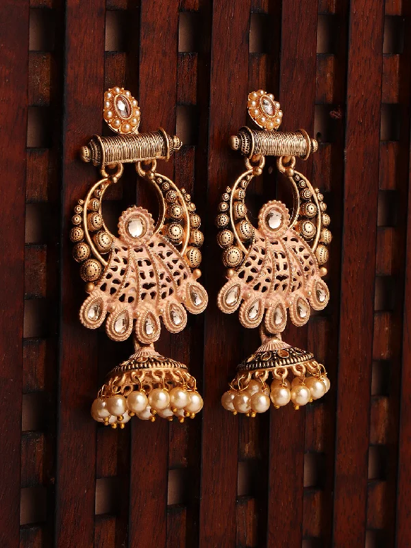 Beautiful Pearl Earrings-Peach & Gold-Toned Chandbalis Earrings