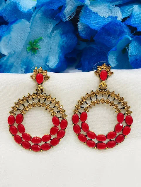 Handmade Hoop Earrings-Gorgeous Antique Gold Red Color Rounded Design Earrings For Women