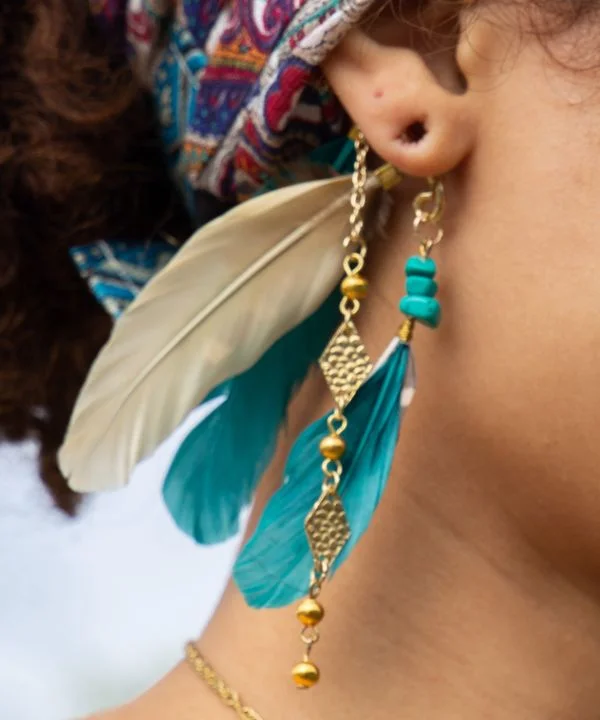 Turquoise Bead Earrings-Bohemian Feather Earhook