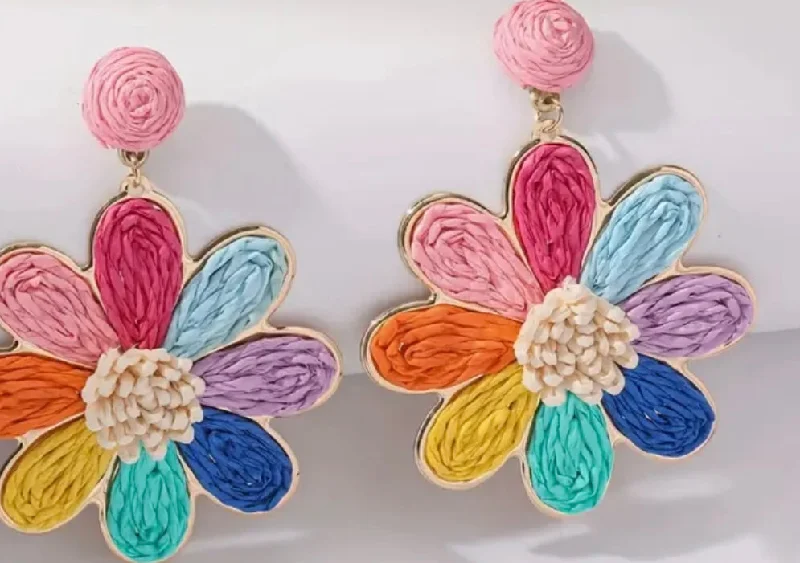 Soft Pink Earrings-Multli Color Flower Rattan Earrings