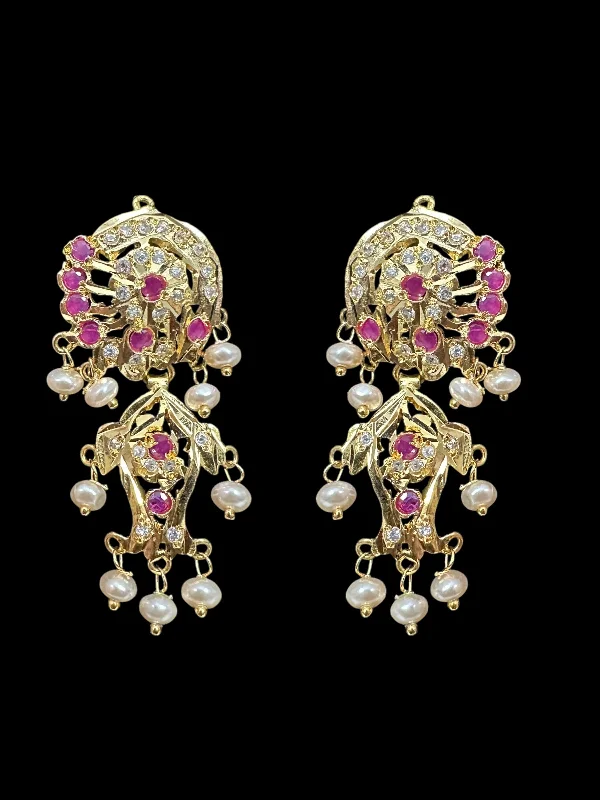 Pink Gemstone Earrings-DER633 jadau earrings in fresh water pearls - ruby READY TO SHIP )