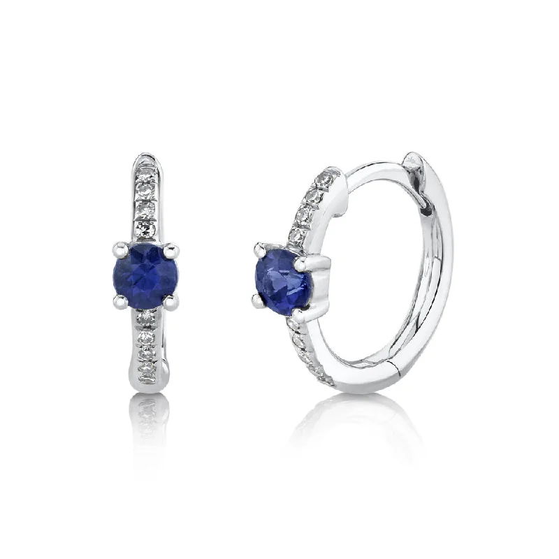 Handcrafted Bead Earrings-14K White Gold Diamond and Blue Sapphire Huggie Earrings