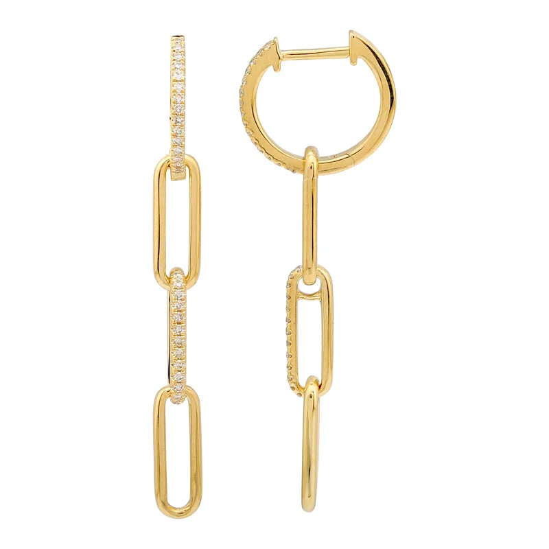 Artistic Designer Earrings-14K Gold Diamond Triple Link Paperclip Drop Huggie Earrings