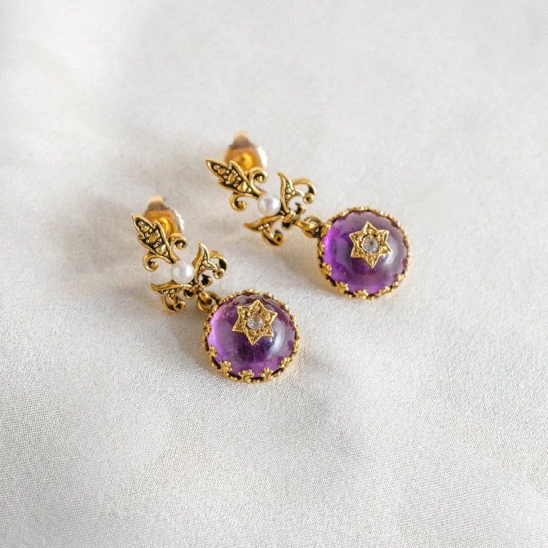 Red Coral Earrings-Antique 14k Amethyst Diamond Star Drop Earrings