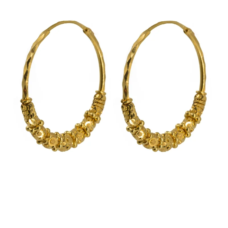 Long Gold Earrings-22K Yellow Gold Hoop Earrings W/ Chunky Beaded Design & Light Hammered Hoop