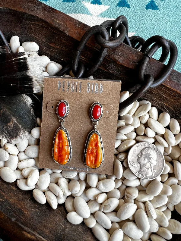 Artistic Gemstone Earrings-Coral and Spiny Oyster Long Earrings