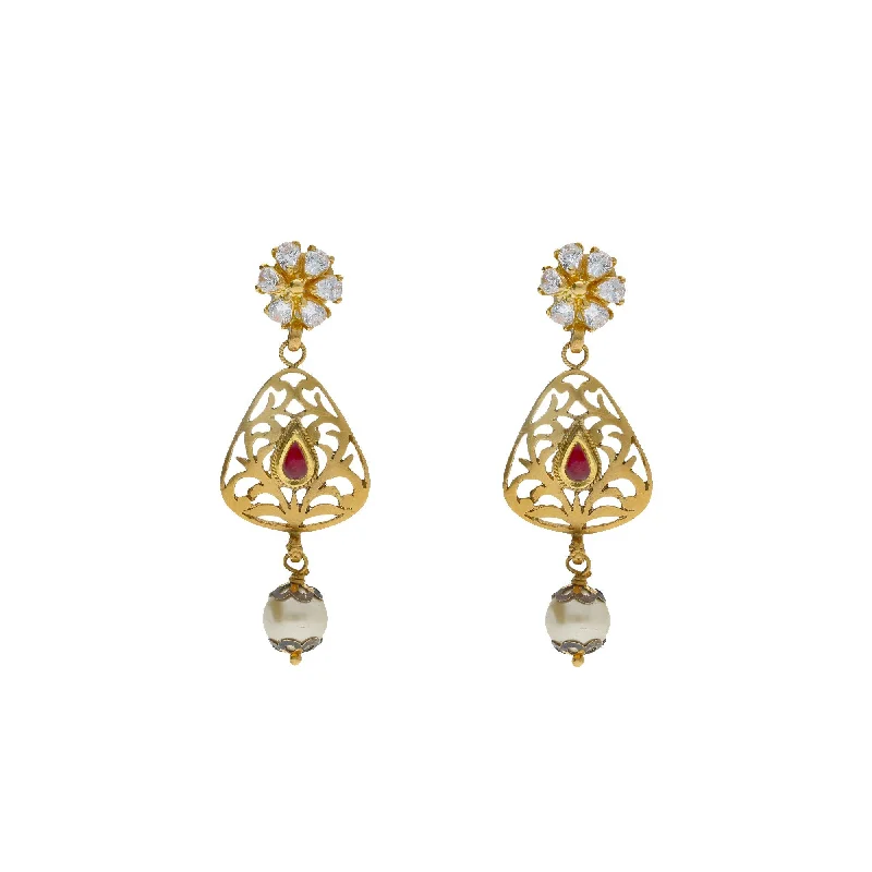 Large Gold Earrings-22K Yellow Antique Gold Drop Earrings W/ CZ, Rubies, Pearls & Laser Cut Design