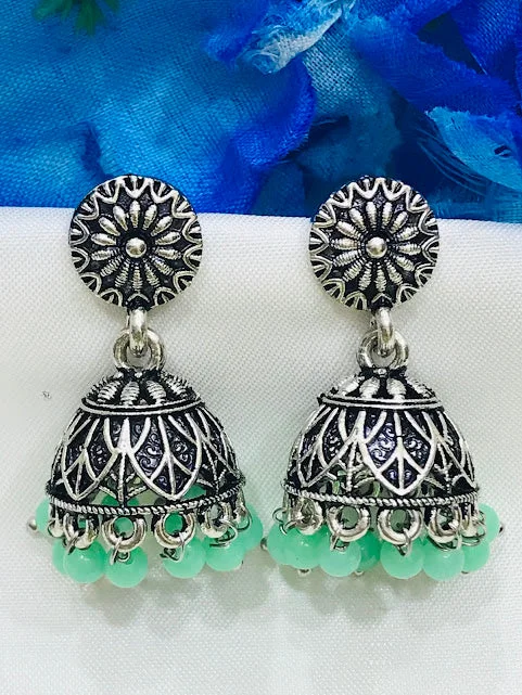 Chic Hoops for Women-Prettiest Green Color Oxidized Jhumka Earrings For Women