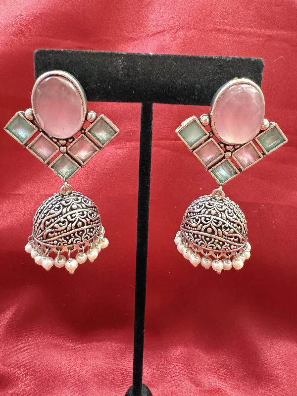 Unique Gemstone Earrings-Alluring Light Pink And Sky Blue Stone Jhumka Designer Oxidized Earrings For Women