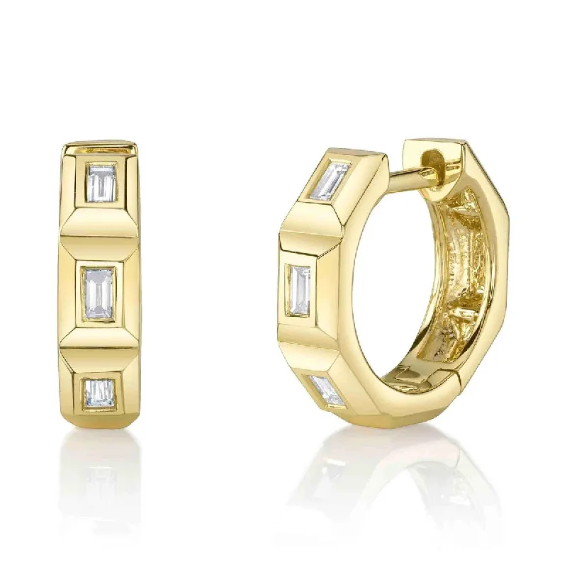 Green Jade Earrings-14K Yellow Gold Baguette Diamond Octagon Huggie Earrings