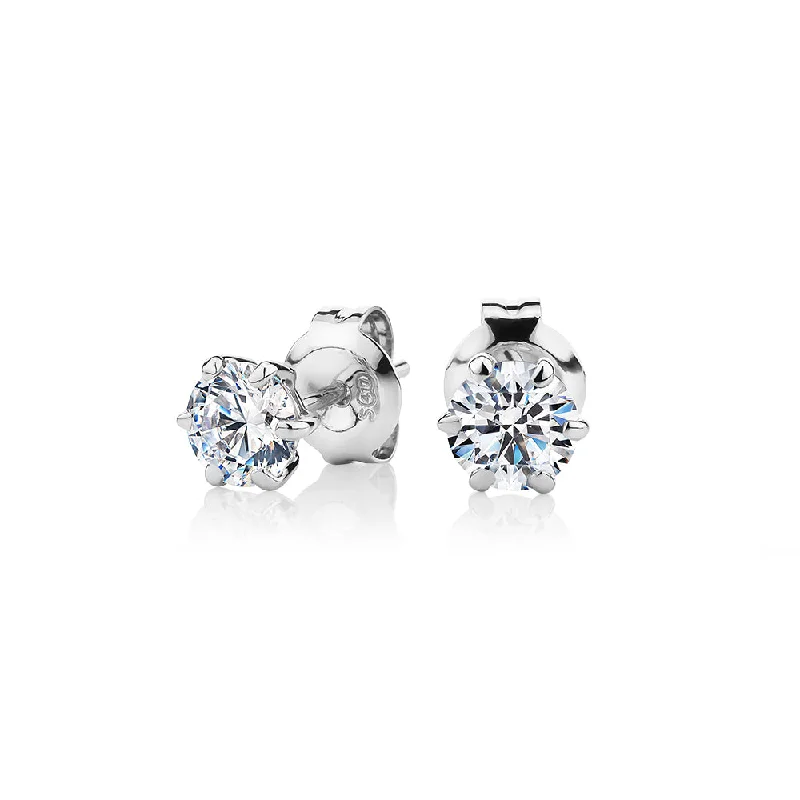 Statement Earrings for Parties-Round Brilliant stud earrings with 1 carat* of diamond simulants in 10 carat white gold