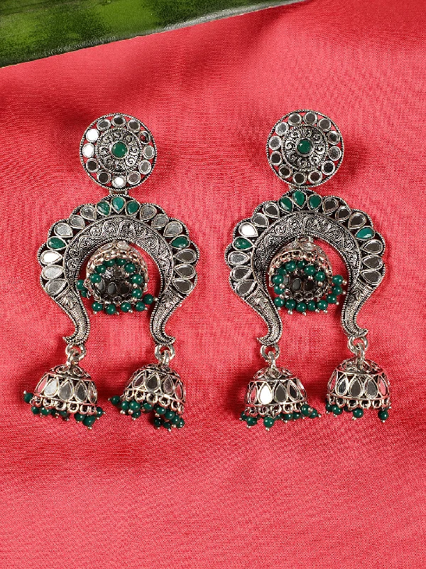 Fancy Earrings for Weddings-Emarald Beads Oxidised Silver-Plated Jhumka Earring