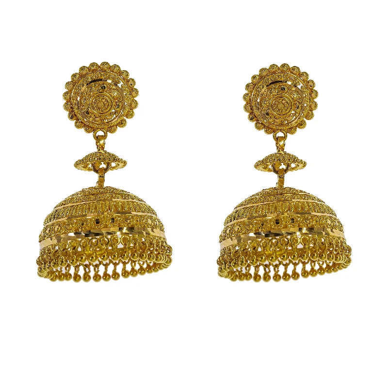 Cute Pearl Earrings-22K Yellow Gold Jhumki Drop Earrings W/ Beaded Filigree & Halo Cap Accent