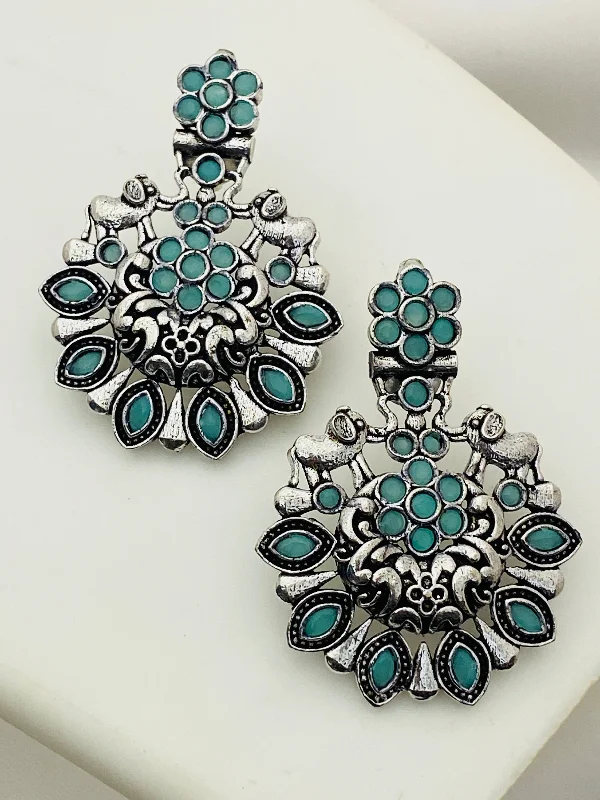 Simple Crystal Earrings-Stylish Skyblue Floral Designer Silver Oxidized Earrings For Women