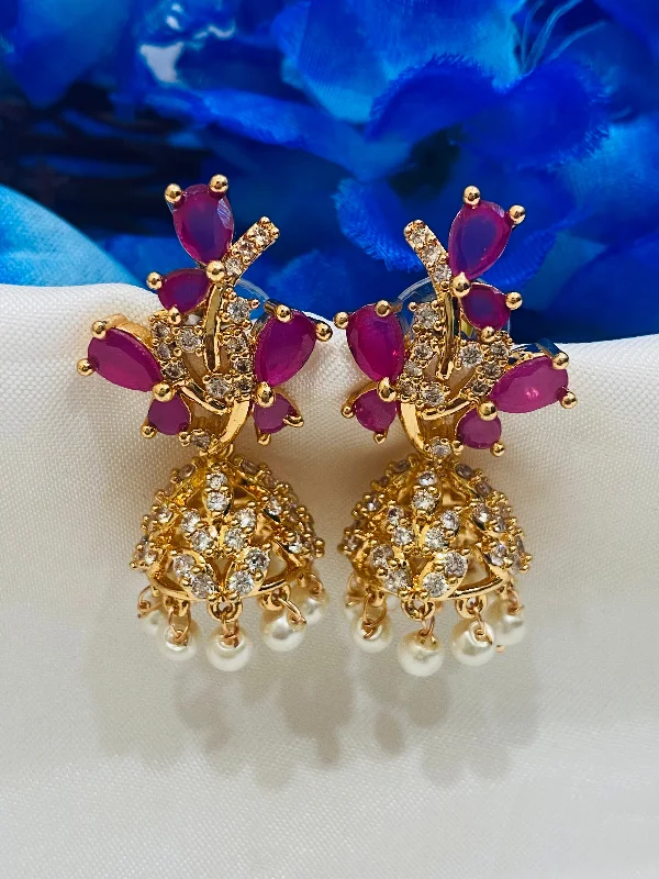 Custom Drop Earrings-Lovely Pink Color Stones Gold Plated With Beads Earring For Women