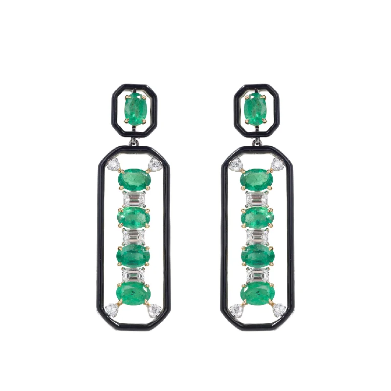 Elegant Gemstone Earrings-Djed Pillar Emerald & Onyx Earrings