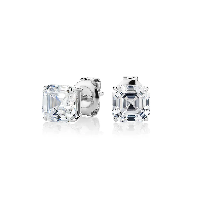 Large Silver Earrings-Asscher stud earrings with 2 carats* of diamond simulants in 10 carat white gold