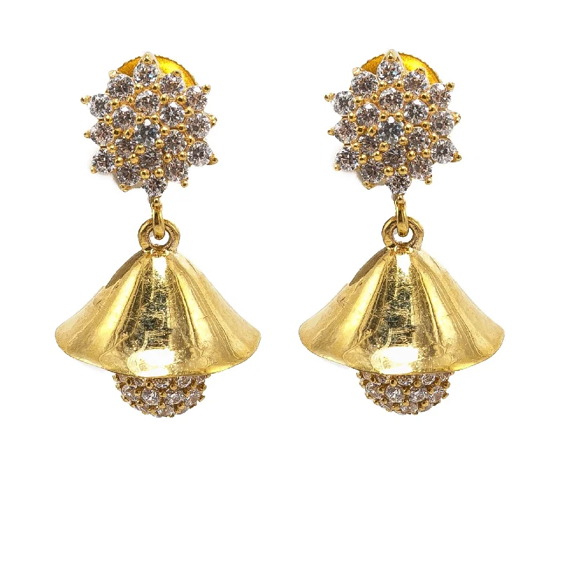 Shiny Drop Earrings-22K Yellow Gold JhumkiDrop Earrings W/ CZ Gems, Clustered Flowers & Semi-Polished Drop, Size 0.9