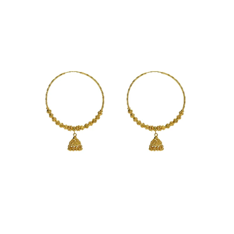 Lightweight Earrings for Summer-22K Yellow Gold Hoop Earrings W/ Jhumki Drops & Cubed Shambala Beads