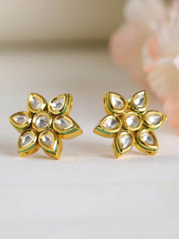 Silver Earrings with Opal-Gold-Toned & Kundan Studded Floral Studs Earrings