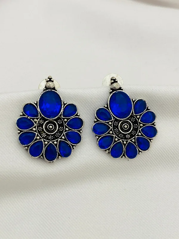 Handmade Drop Earrings-Ravishing Blue Stone Beaded German Silver Toned Oxidized Stud Earrings For Women