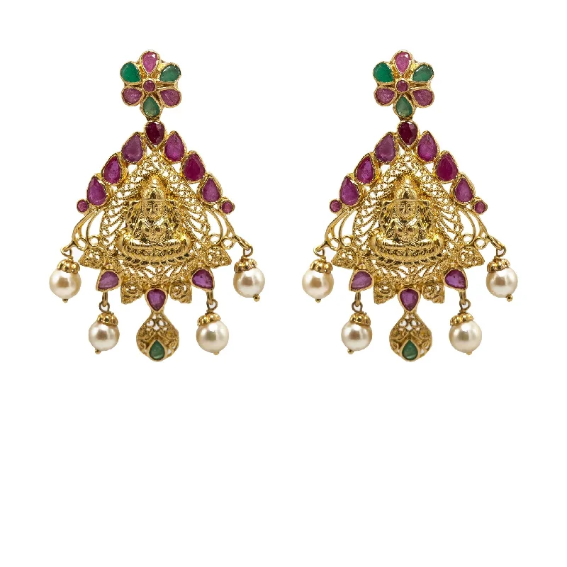 Luxury Drop Earrings-22K Yellow Gold Earrings W/ Rubies, Emeralds, Pearls & Engraved Laxmi Pendant