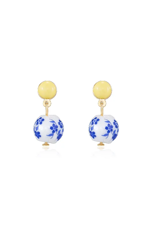 Bridal Gold Earrings-Indigo Floral Drop Earrings