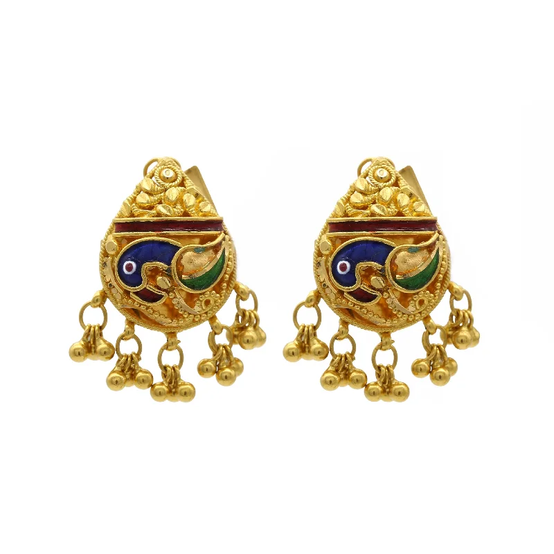 Vintage Style Earrings-Peacock 22K Yellow Gold Stud Earrings W/ Filigree Art