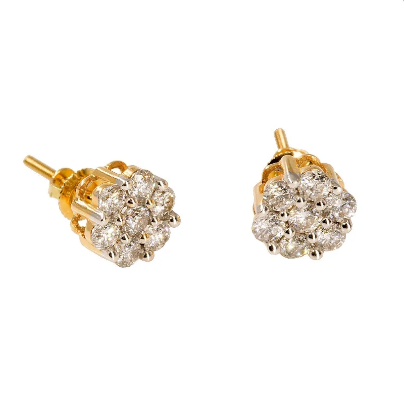 Crystal Drop Earrings-14K Yellow Gold Diamond Stud Earrings W/ 1.0ct SI Diamonds & Cluster Flower