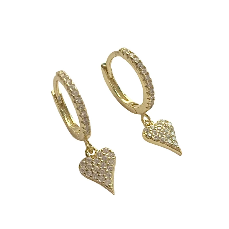 Long Gold Earrings-Haggy Pointed Heart Pave Huggies