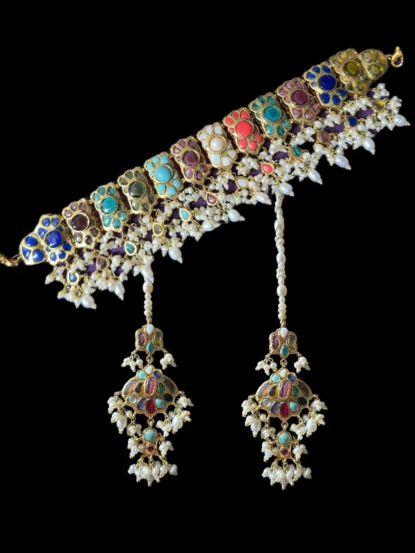 Artistic Metal Earrings-C547 Navratan bridal choker earrings set in fresh water pearls ( READY TO SHIP )