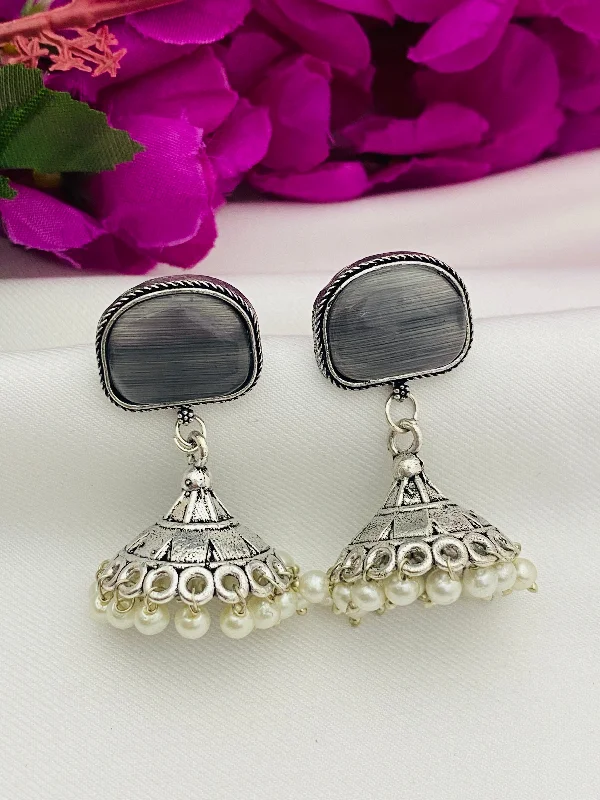 Simple Sterling Silver Earrings-Lovely Gray Color Stone Studded German Silver Plated Oxidized Jhumka Earrings With Pearl Drops