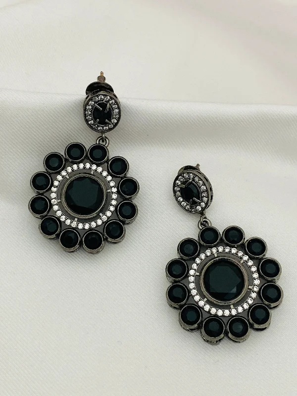 Butterfly Earrings for Girls-Lovely Black Round Stone Beaded Floral Designed Silver Plated Oxidized Dangler Earrings