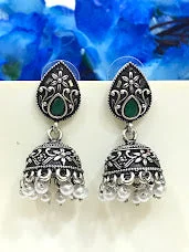 Bright Silver Earrings-Elegant Green Colored Oxidized Earrings For Women