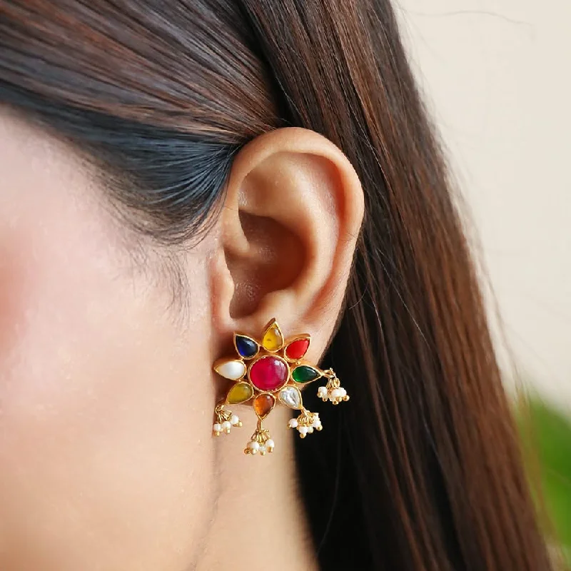 Pink Gemstone Earrings-Nine Gems Royal Navratan Earring