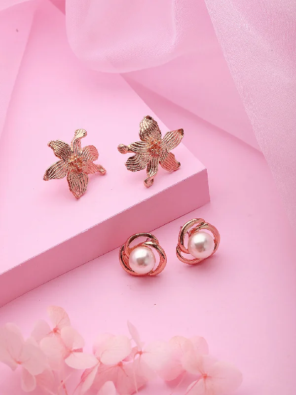 Lightweight Earrings for Summer-Set Of 2 Rose Gold Plated & Pearl Floral Stud Earrings